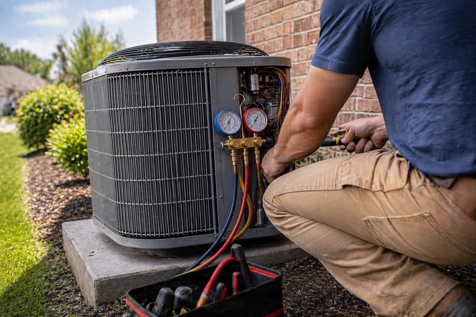 Outdoor AC condenser unit installed at a Flower Mound, TX residence